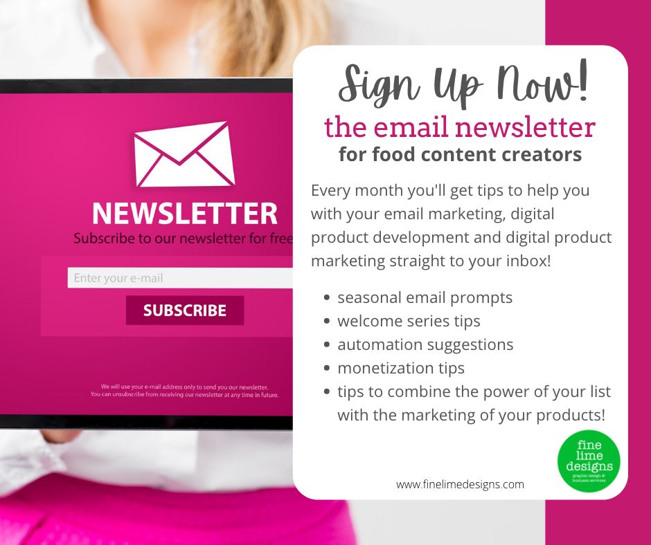 Pink graphic with white overlay and text reading Sign Up Now - the email newsletter for food content creators.