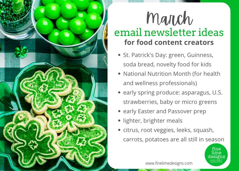 an image of four leaf clover sugar cookies decorated with green icing. A white box overlayed on the picture contains text relaying email ideas for March that are reiterated in the article text