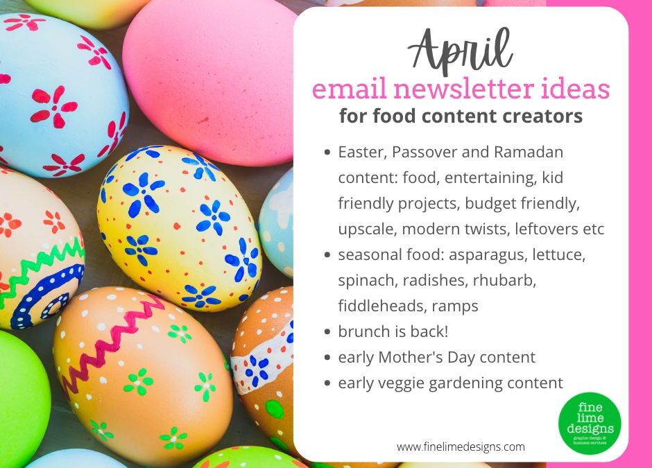 an image of colorful easter eggs with a white rectangle overlayed. Text in the rectangle reads: April email newsletter ideas for food content creators with a list of email ideas for Easter, Passover, Ramadan, seasonal food, brunch and early Mother's Day