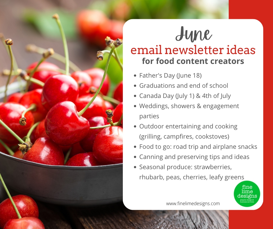 a bowl of ripe cherries with a text overlay outlining email newsletter ideas for June that are detailed in the article