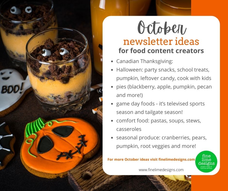 Spooky Halloween treats including pumpkin and ghost cookies and orange and black parfaits with googly marshmallow eyes. A text overlay shares food content ideas listed in the articule