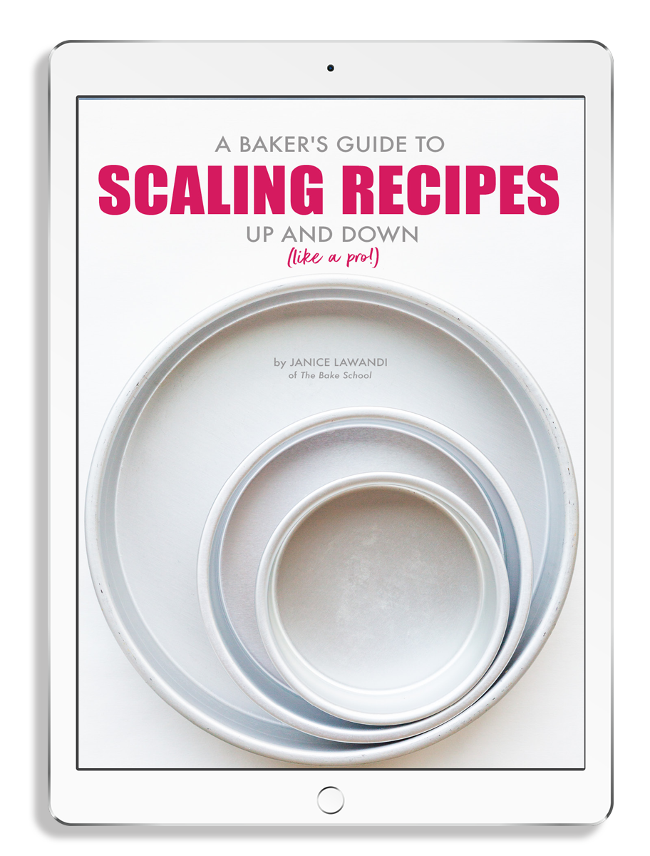 a white iPad frame with the ebook cover for Scaling Recipes Up or Down Like a Pro. The cover is white and featured nested silve cake pans viewed from above. The cover text is in a raspberry colour