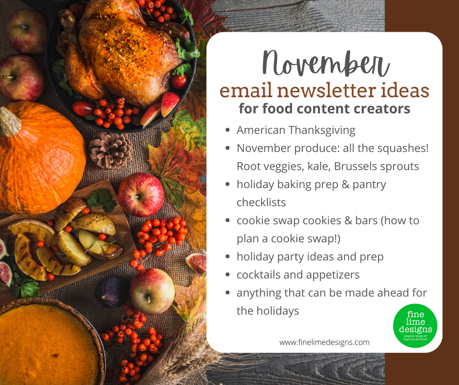 an overhead view of a thanksgiving dinner table with pumpkin pie, a turkey, roasted potatoes and decor of cranberries, leaves, apple and pinecones. A text box is overlayed outlining the November email newsletter ideas that are mentioned in the blog post