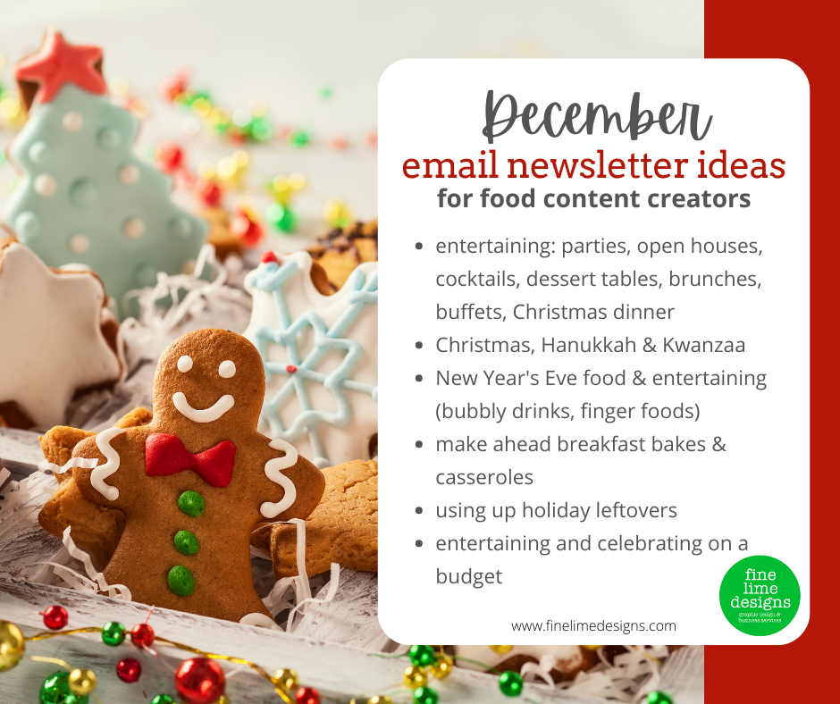 an image of gingerbread men and festively decorated sugar cookies. A text overlay reads "December email newsletter ideas for food content creators" and lists many of the ideas contained in the blog post